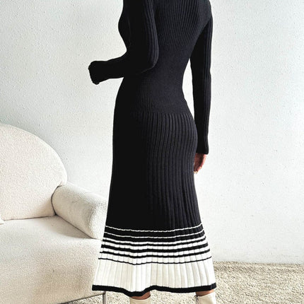 Contrast Mock Neck Long Sleeve Sweater Dress