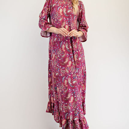 Celeste Full Size Ruffle Hem Paisley Round Neck Dress