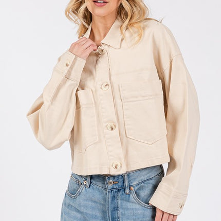 bytos Button Down Cropped Denim Jacket with Patch Pockets