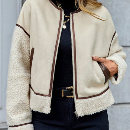 Contrast Trim Zip Up Sherpa Jacket