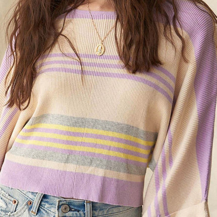 Contrast Striped Round Neck Three-Quarter Sleeve Top