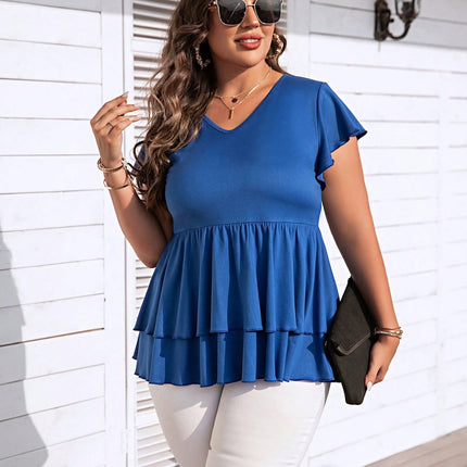 Plus Size V-Neck Flutter Sleeve Blouse