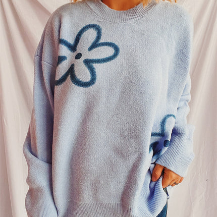 Flower Round Neck Long Sleeve Sweater