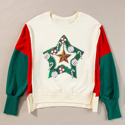 Color Block Star Side Slit Lantern Sleeve Sweatshirt