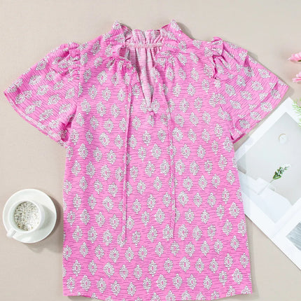 Ruffled Printed Tie Neck Short Sleeve Blouse