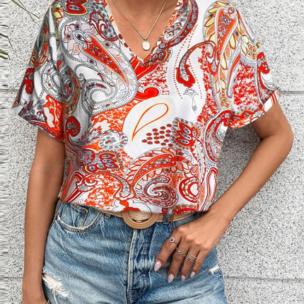 Printed V-Neck Short Sleeve Blouse