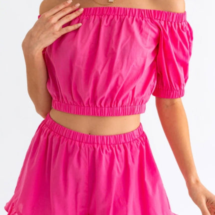 Tasha Apparel Off Shoulder Crop Top and Ruffled Shorts Set