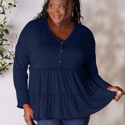Double Take Half Button Long Sleeve Ruffle Hem Blouse