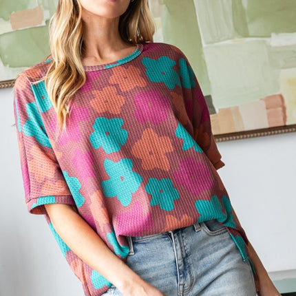 HOPELY Full Size Floral Round Neck Side Slit T-Shirt