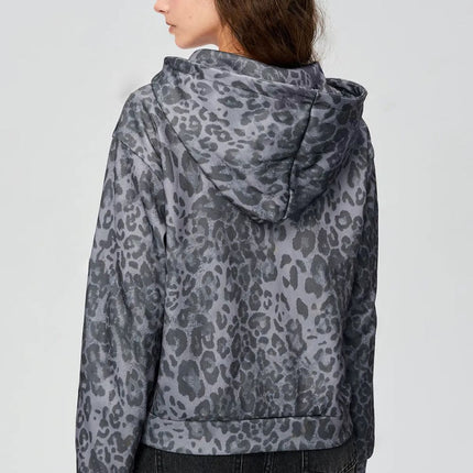 Pocketed Leopard Zip Up Hooded Jacket