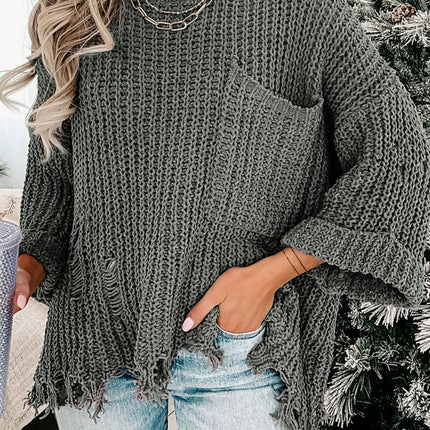 Distressed Round Neck Drop Shoulder Sweater