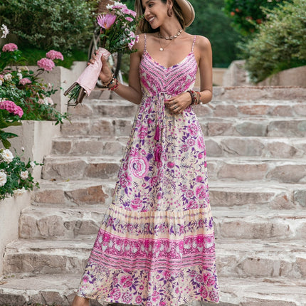 Tassel Printed V-Neck Maxi Dress