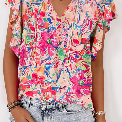 Ruffled Printed Tie Neck Cap Sleeve Blouse