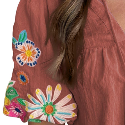 Embroidered Tie Neck Half Sleeve Blouse