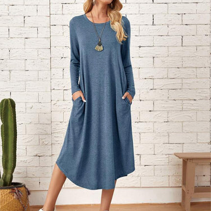 Pocketed Round Neck Long Sleeve Tee Dress