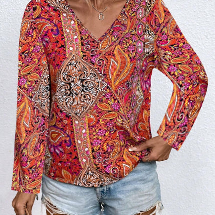 Printed V-Neck Long Sleeve Blouse