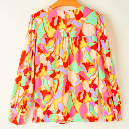 Contrast Print Round Neck Long Sleeve Blouse