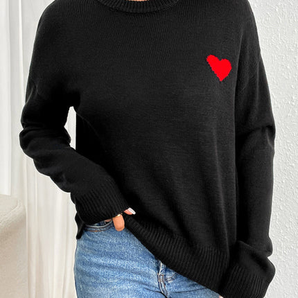 Heart Round Neck Long Sleeve Sweater