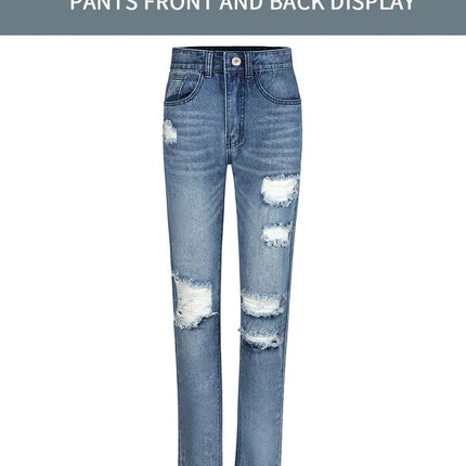 Women's Ripped Boyfriend Slim Fit Jeans Frayed Distressed Stretchy Denim Pants Casual Fashion Stretch Blue Jeans