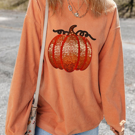 Sequin Pumpkin Round Neck Long Sleeve Sweatshirt