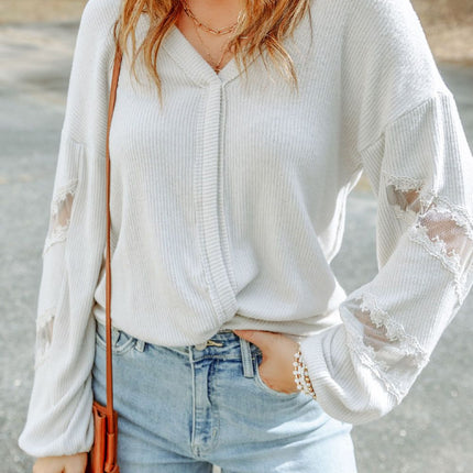 Lace Detail Drop Sleeve Ribbed Top