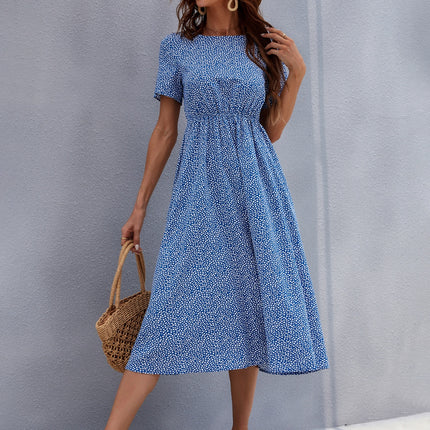 Printed Round Neck Short Sleeve Midi Dress