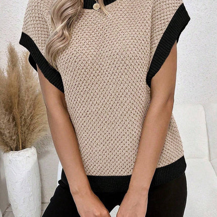 Contrast Round Neck Cap Sleeve Knit Top