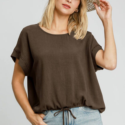 Umgee Drawstring Hem Round Neck Short Sleeve T-Shirt