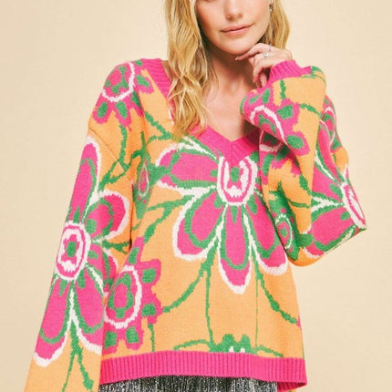 Davi & Dani Floral Contrast V-Neck Dropped Shoulder Sweater