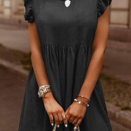Full Size Ruffled Round Neck Cap Sleeve Denim Dress