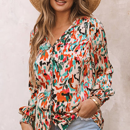 Double Take Multicolored V-Neck Lantern Sleeve Shirt