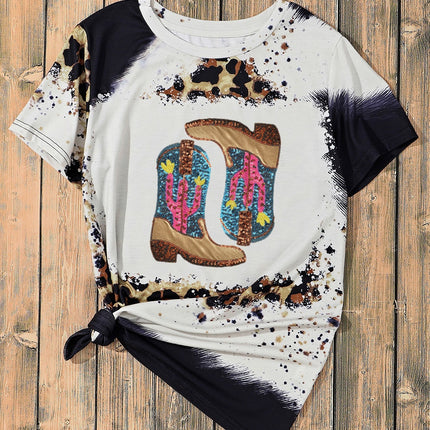 Sequin Boots Leopard Round Neck Short Sleeve T-Shirt