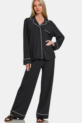 Zenana Button Down Long Sleeve Top and Pants Lounge Set