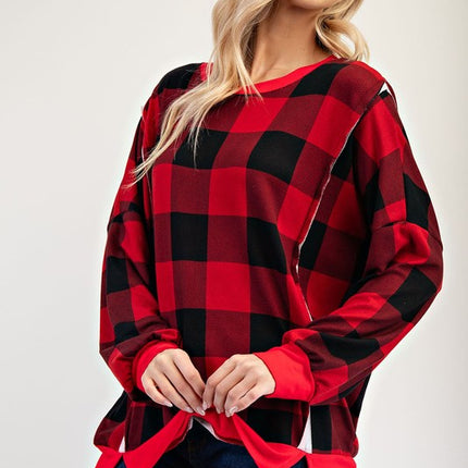 Celeste Full Size High-Low Plaid Round Neck Sweatshirt