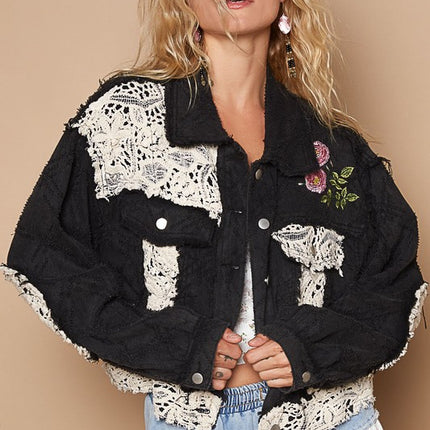 POL Crochet Patch Embroidered Button Up Jacket