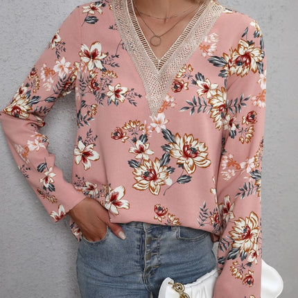 Printed V-Neck Long Sleeve Blouse