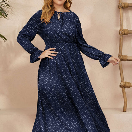 Plus Size Ruffled Polka Dot Long Sleeve Midi Dress