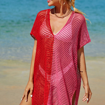Double Take Openwork Contrast Slit Knit Cover Up