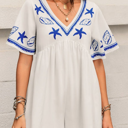 Printed V-Neck Half Sleeve Romper