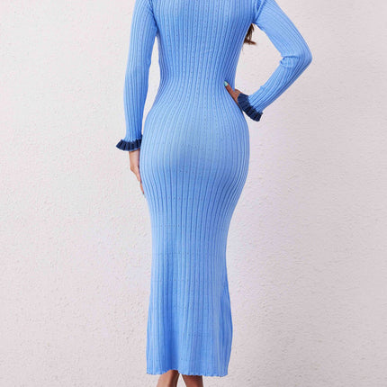 Contrast Trim Round Neck Long Sleeve Sweater Dress