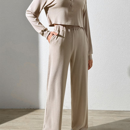 Half Button Long Sleeve Top and Pants Set