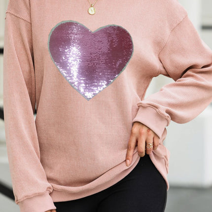 Valentine’s Day Sequin Heart Round Neck Long Sleeve Sweatshirt