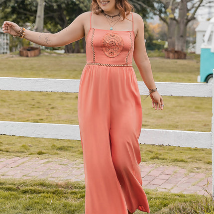 Plus Size Lace Detail Spaghetti Strap Wide Leg Jumpsuit