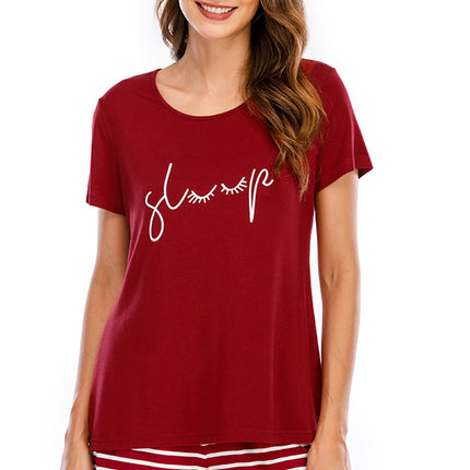 Graphic Round Neck Top and Striped Shorts Lounge Set