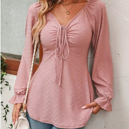 Full Size Drawstring Ruffled V-Neck Long Sleeve Blouse