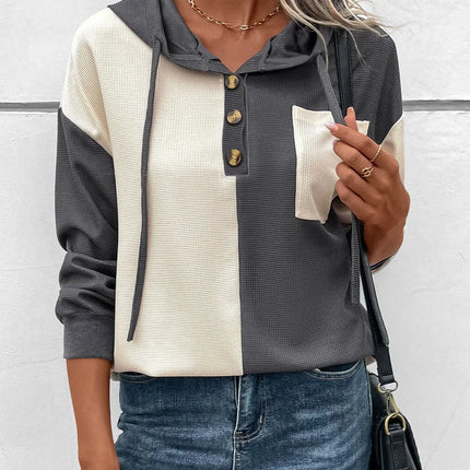 Drawstring Quarter Button Contrast Long Sleeve Hoodie