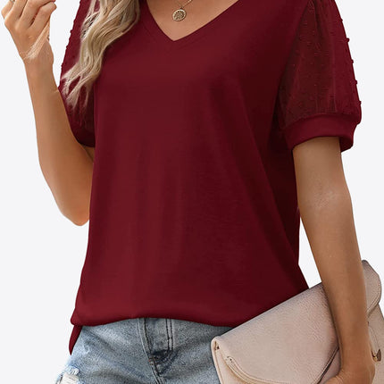 Swiss Dot Puff Sleeve V-Neck Tee