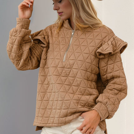 Double Take Ruffled Texture Half Zip Long Sleeve Sweatshirt - Vickie Lynn's