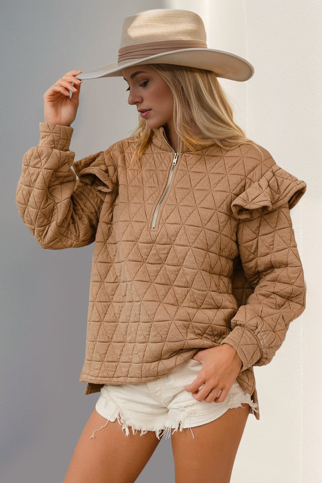 Double Take Ruffled Texture Half Zip Long Sleeve Sweatshirt - Vickie Lynn's