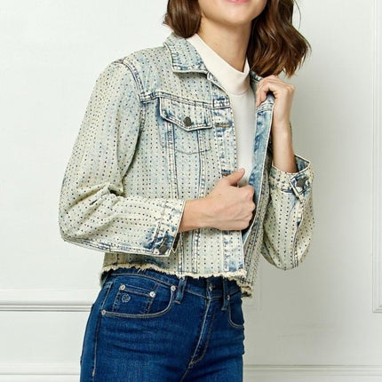 Veveret Multi Color Stripe Rhinestone Raw Hem Denim Jacket